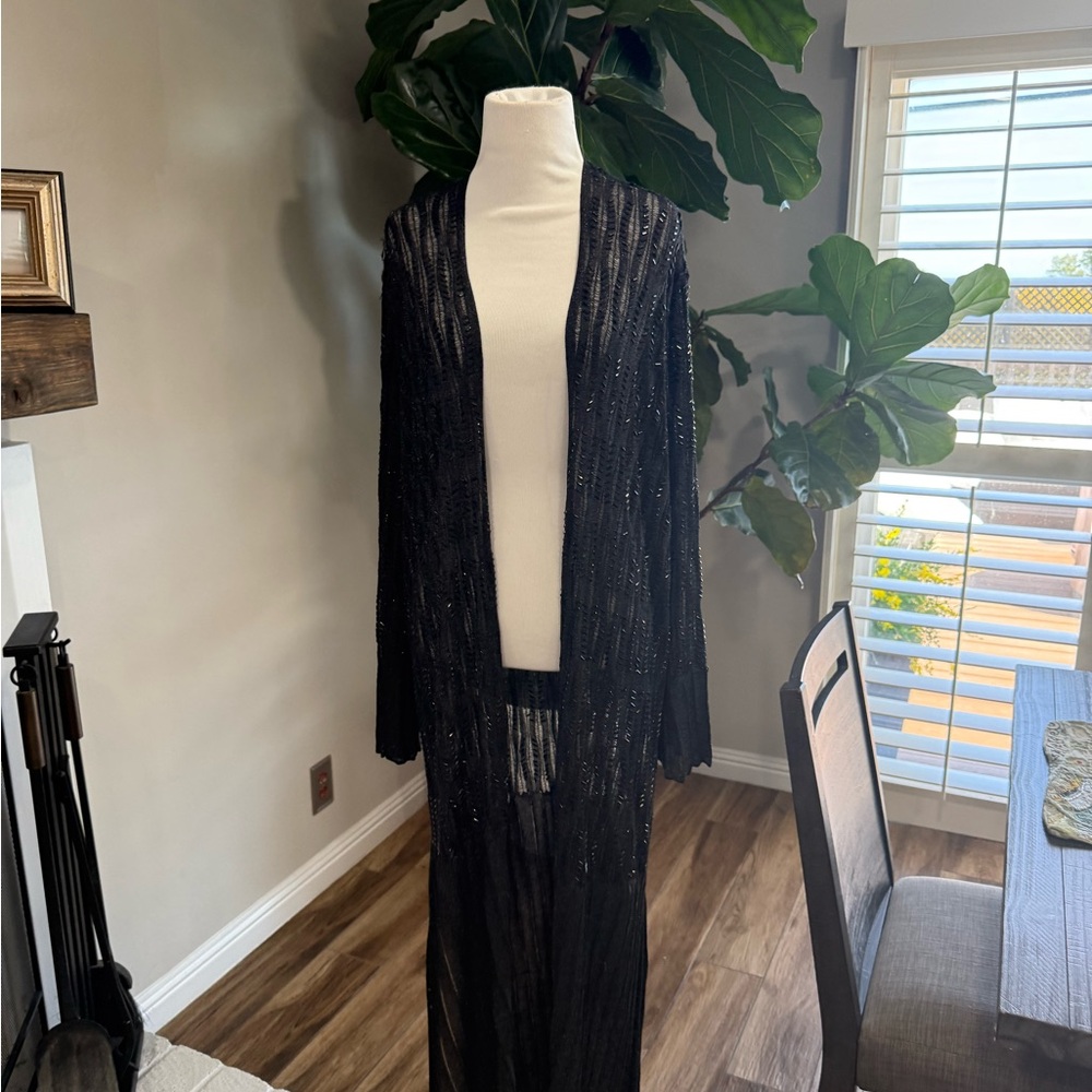 Zara Black Long Open-Weave Knit Duster Coat